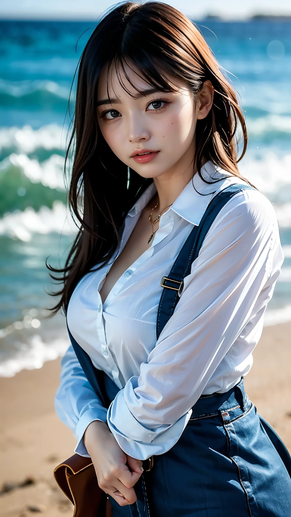 24year old beautiful girl、Half-Japanese beauty、Highest image quality、realistic、16K、beautiful woman、long hair、bionde、bionde、With bangs、Pretty slim、heavy rain、While walking through the Beach in the rain、wet from heavy rain、Full body figure、WhiteTshirt、Denim jeans、Standing on the beach、Large Breast、Heavy Rain、My hair got wet in the heavy rain、Shooting from a distance