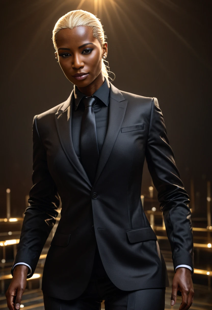 A tall strong handsome dark skinned man, wearing a smart black business suit, bald head, sex with a blonde woman, detailed, Photorealistic, high resolution, 8k, photorealistic, hyper detailed, intricate details, dramatic lighting