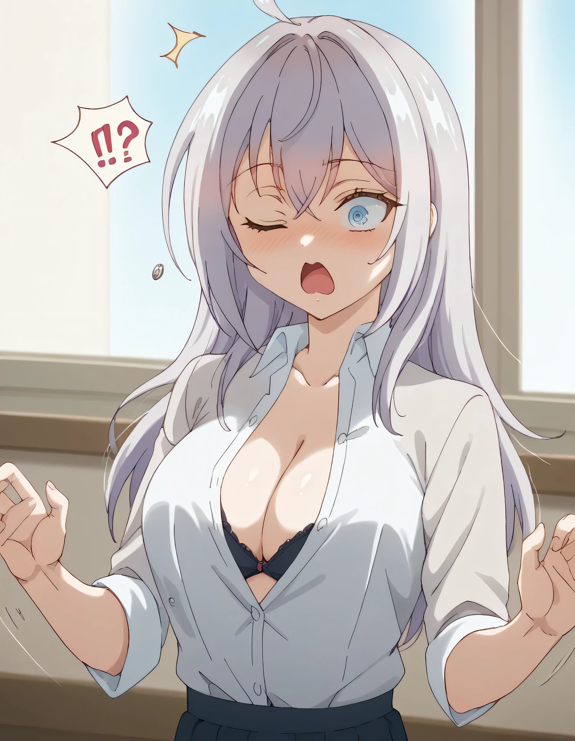 source_anime, 1girl, alya_def, solo, eyes with rings, flying button, popped button, busted breasts, wardrobe malfunction, button opening, bra peeking, surprised, motion blur, shirt, cleavage, motion lines,?!,, indoors, blush , mouth open, one eye closed,, cowboy shot, dutch angle,