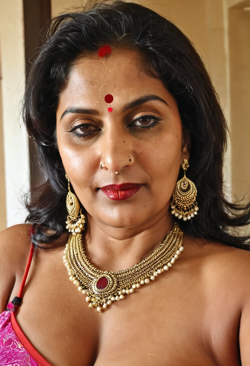 Indian beautiful aunty, nude full body, 50 years old aunty, dark skinned aunty, red lips, big breasts, aunty wears a small red dot (bindi) on her forehead, aunty has a refined nose ring and beautiful earrings with flower and pearl designs, aunty is in a sea of ​​orgasm, aunty has a sexually attractive body, detailed eyes and face, beautiful detailed nose, beautiful detailed eyes, thick body, well-endowed, big chubby aunty, sexy figure, sexy thick navel folds, sexy mature maternal curves, mature aunty, curvy hot mom figure, black hair, juicy deep navel, brown skinned Indian aunty, aunty's nipples are dripping milk and the young man is sucking the milk coming from the nipples, ((NSFW)),
