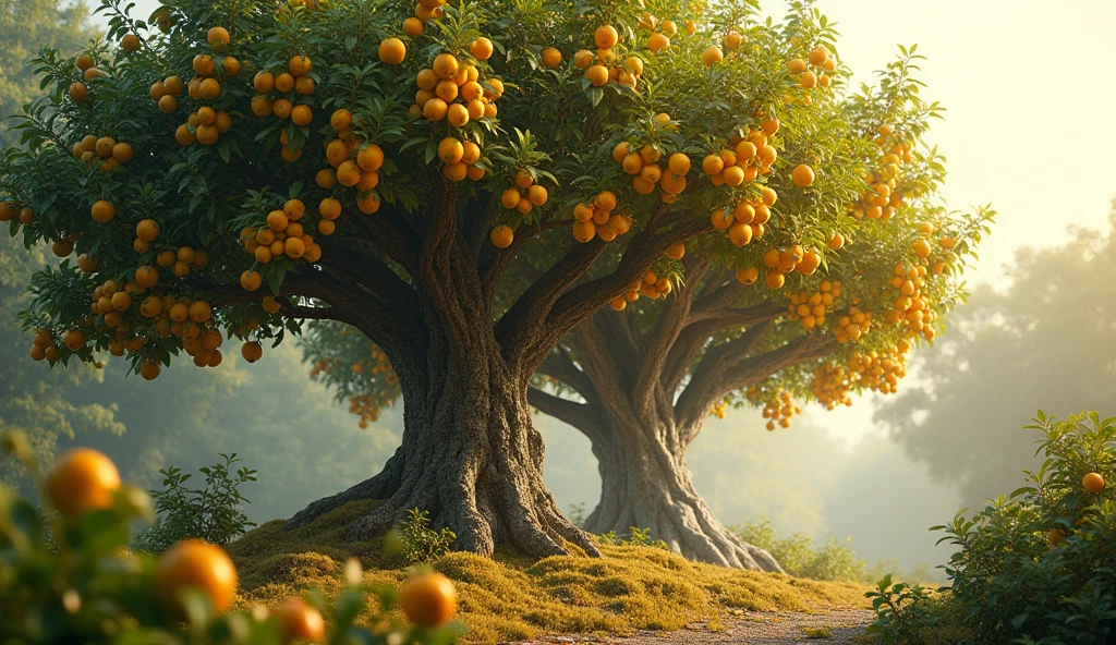"A robust tree full of healthy, golden fruits, illuminated by the sun, while next to it a strong tree with silvery fruits, symbolizing the two trees that were in the garden of Eden"