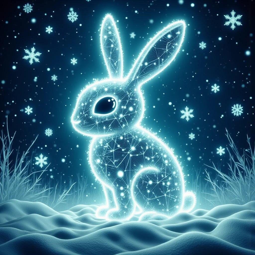 DonMN30nchr1stGh0stsFX, glowing, snowy, xmis, rabbit