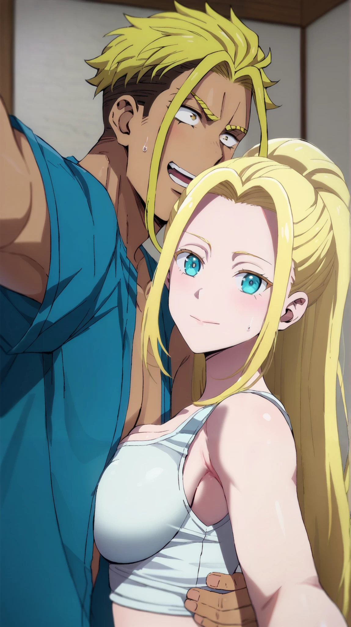 selfie, 1girl, 1boy, hugging, BREAK
ryuuzakikenichiro, blue shirt, open shirt, and
beatrixamerhauser, white tank top, bare shoulders, BREAK
score_9, score_8_up, score_7_up, score_6_up, anime