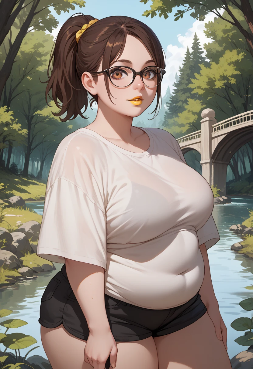 woman, dark brown hair, brown eyes, white skin, oversized gray shirt, black shorts, yellow lipstick, ponytail, looking at viewer, anime style, chubby, on top of a bridge over the river, forest in the background, standing, glasses, oversized blouse