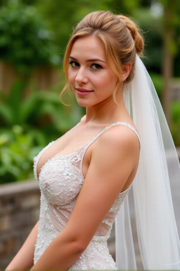 A young, beautiful bride, enormous breasts, big buttocks, thin waist, athletic build, in a sparkling, form-fitting transparent wedding gown with a skirt that captures the light, posing dynamically in an outdoor garden setting of a wedding venue. She is captured from a low angle, with her back arched and hair styled in an elegant updo, showcasing her unique strawberry blonde hair color. The photograph is shot by world-class wedding photographer David Linley, known for his emotive and realistic portraits. The image is a high-resolution JPEG, shot with a Canon EOS 5D Mark IV and a Canon EF 85mm f/1.8 USM lens, employing natural, diffused lighting to enhance the realism and detail. The composition is dynamic, with a focus on the subject's movement and expression, creating a sense of joy and spontaneity. The overall style is cinematic realism, blending high-quality imagery with a touch of uniqueness, reflecting a modern and artistic aesthetic in wedding photography.