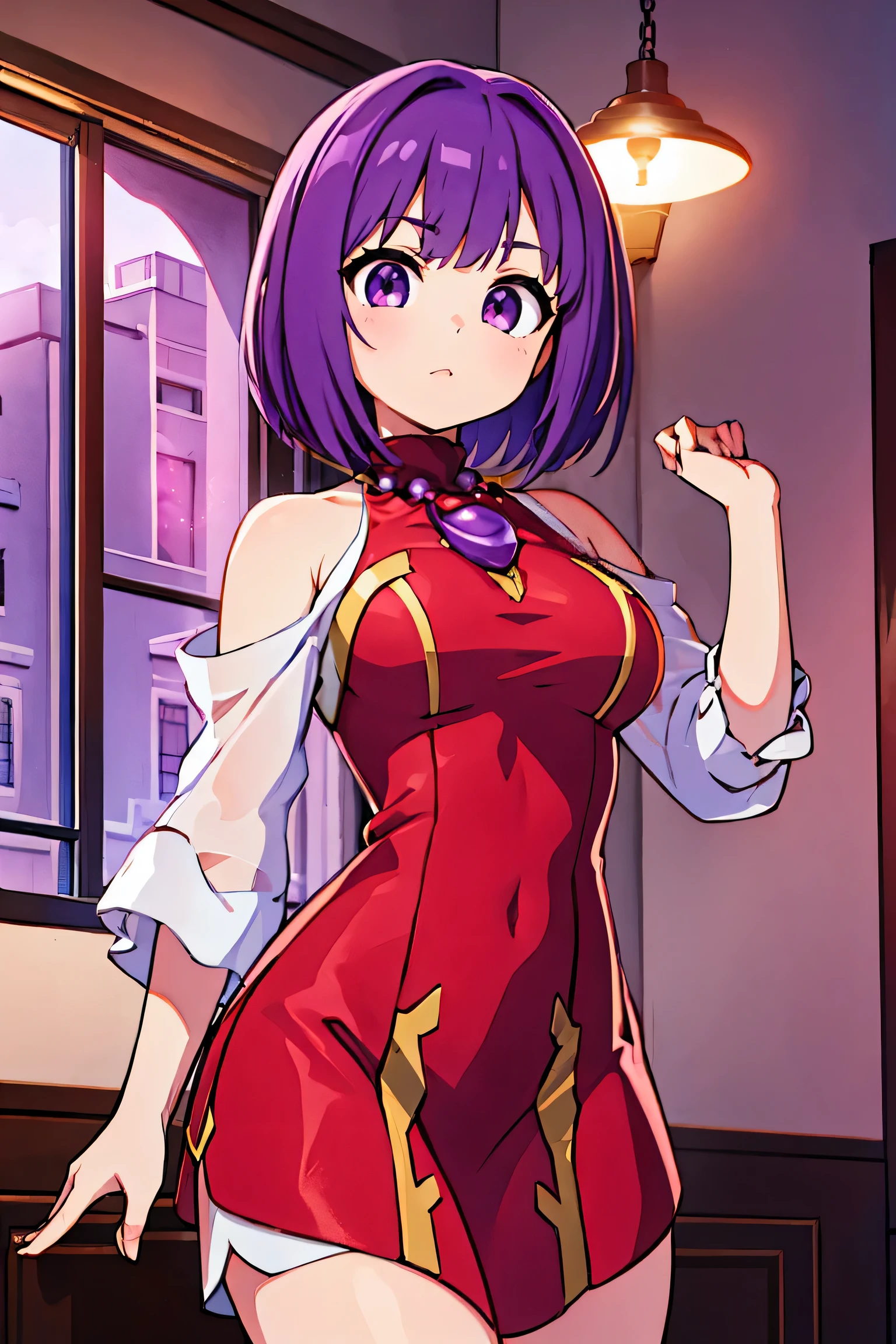 ( Artwork , better quality) A girl with short purple hair, purple eyes, Red dress, purple necklace, medium breasts, good waist, warm look, in a luxurious mansion , at night, (windows), Good lighting