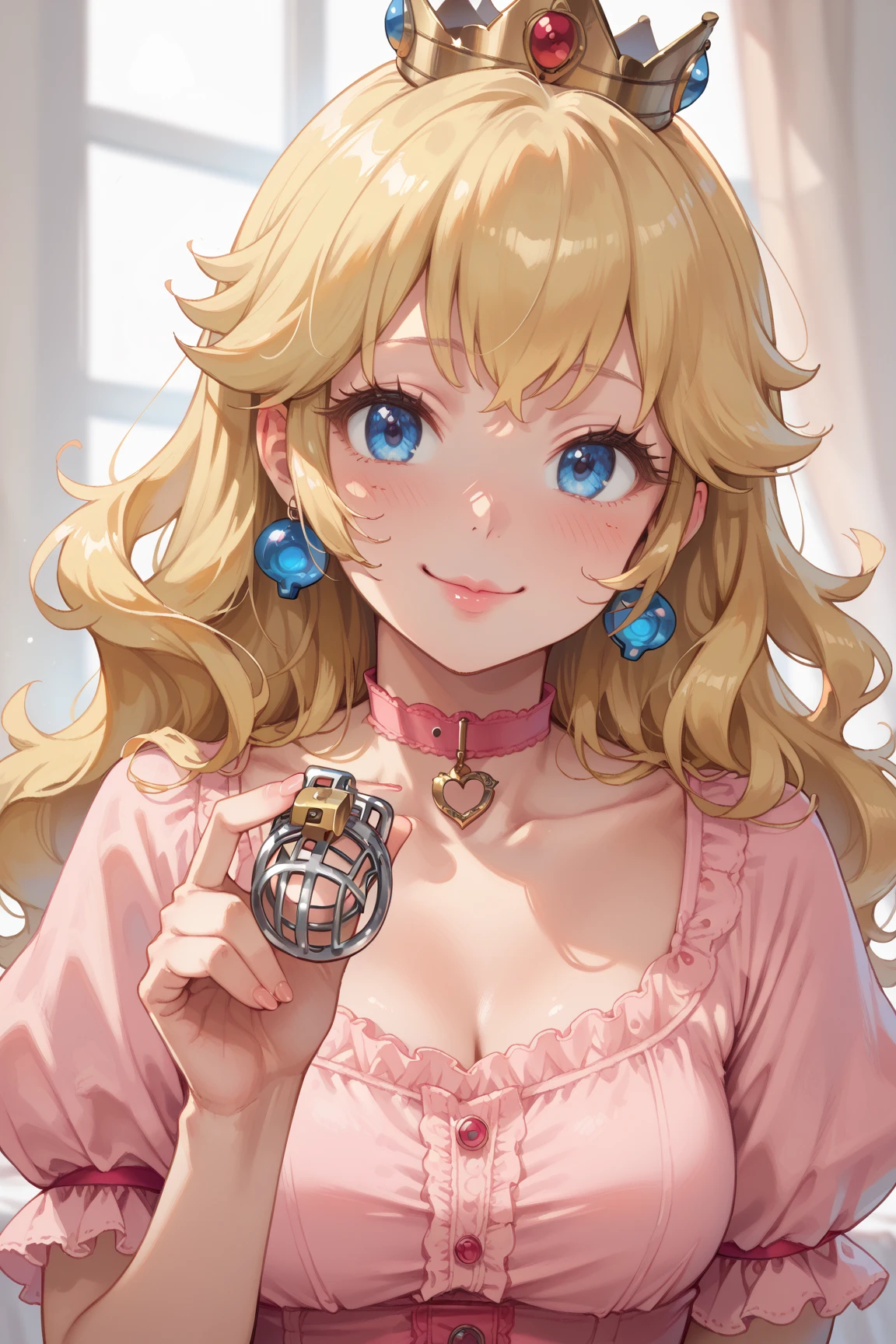 score_9, score_8_up,  highly detailed, 1girl, smirk , blush, ((holding chastity cage)),  choker, blonde hair, wavy hair, princess Peach