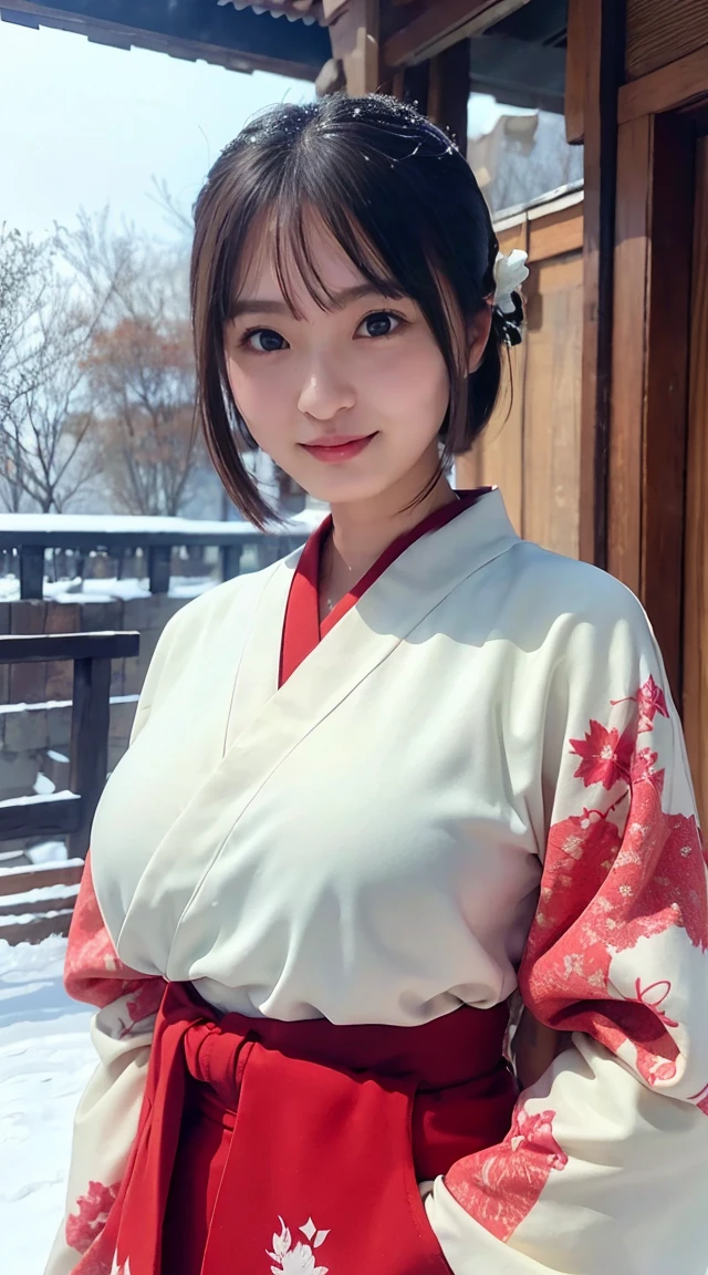 shrine、Sunny winter weather、 The leaves wither and fall 、Snow Scene、 Snow covered plants 、 kimono、Plain white kimono 、  skirt part is red  、Priest、shrineを背に鳥居の前に立つ、Sakimi-chan、、  gentle and cute  、  innocent smile、、 beautiful smile、Sakimi-chanHDRI、 Lori big  、、( With big breasts :1.20)、( beautiful big breasts 1 :1)、 Brown Hair 、 Brown Hair の髪、  beautiful eyes、  short bob that seems to break 