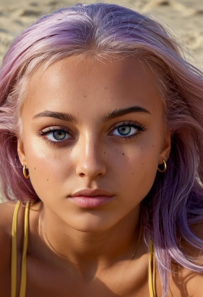 (((beach with pink sand, blue sea and sun)), (masterpiece, best quality), (a 20 year old girl), (close-up of a naked woman sitting), (alone), ((full body)), ((perfect and very detailed face)), ((eyes with heterochromia, blonde and purple hair)), ((naked)), ((mole under the eye)), big breasts, the background is beautiful, tumble weed, cinematic light, sunny day, dramatic lighting, ultra details, 8k, photography style