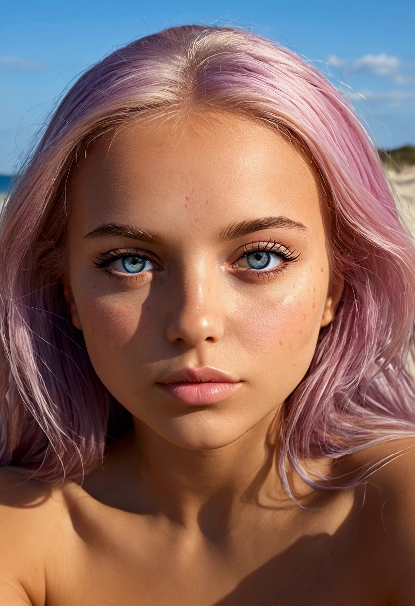 (((beach with pink sand, blue sea and sun)), (masterpiece, best quality), (a 20 year old girl), (close-up of a naked woman sitting), (alone), ((full body)), ((perfect and very detailed face)), ((eyes with heterochromia, blonde and purple hair)), ((naked)), ((mole under the eye)), big breasts, the background is beautiful, tumble weed, cinematic light, sunny day, dramatic lighting, ultra details, 8k, photography style