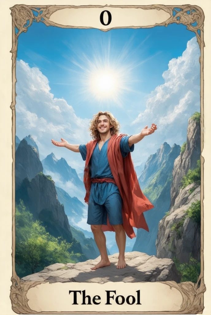 A vibrant digital painting of the tarot card "The Fool". The artwork depicts a young man with wavy blonde hair, wearing a blue tunic and a flowing red cape. He stands on the edge of a cliff, with his arms outstretched towards a bright, radiant sun in a partially cloudy sky. He has a joyful, open expression. He appears to be ready to take a step forward.  The background showcases a mountainous landscape with a feeling of depth. The number "0" is prominently displayed in a large, clean style, at the top above the figure. There is also the text "THE FOOL" above the number 0 in a decorative font. The illustration has a clean and colorful style, with a slightly painterly feel.  The style should be similar to classic tarot illustrations but with a modern, digital touch.