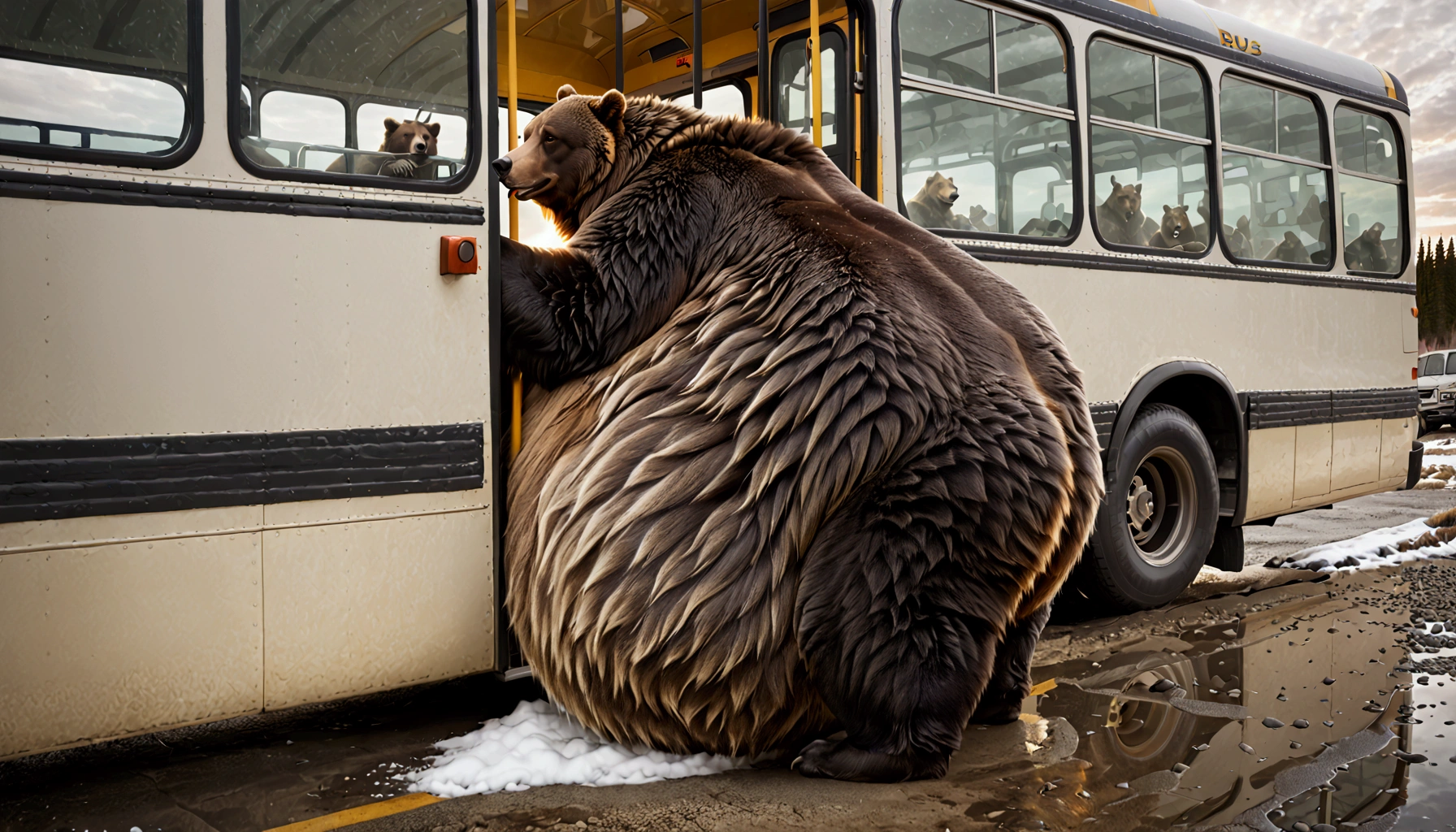 A massive grizzly bear with an unbelievably extremely massive belly, so heavy it drags along the ground, struggles to fit through the narrow doorway of a bus. Its belly presses tightly against the edges of the frame, bulging slightly as it slowly pushes forward, causing the bus to creak under the strain. The bear's fur brushes against the door as it inches through, its sheer size making the task difficult but not impossible, creating a tense yet humorous moment.