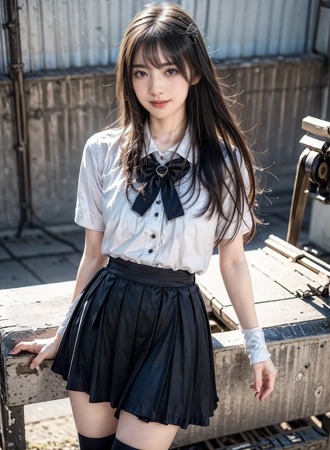 mix4, (16 K, Raw photography, Top image quality, ​masterpiece: 1.45), (realisitic, Photorealsitic: 1.37), one girls, Random hairstyle、Standing figure，Glossy bean peel、Morning time slot、a very cute,a park,Trees with autumn leaves, profetional lighting, photon maping、physically-based renderingt, Gradient dark brown hair,, a handsome, Well-groomed and beautiful eyes、Large double eyelids、Very shiny、girl with, (((校服、Winter clothes、Uniforms worn by Japan female students、White shirt、White cardigan、Dark blue color、Black mini skirt、high socks、lowfers))), Top Quality Photos, hight resolution, 1080p, (clearface), (Detailed face description), (Detailed hand description), (​masterpiece), (Exquisite CG)、extreme light and shadows、dishevled hair、master work、abundant detail、(Fine facial features)、(top quality photo)、(masuter piece)、(A detailed eye)、Looking at the camera、Fine clavicle、((Slender big))、(((Japan schoolgirl in uniform)))、((Ready Idol System))、((a park、Slide、The fountain、seesaw))、(((neat and cute)))、耳Nipple Ring、A big smile、Drawing the whole body from the knees、Do not draw nasolabial folds、(((Cute uniform)))、(Big breasts that hang down big:1.4)、Big buttocks with tension、Two arms and two legs、(((from the front side:0.2)))、bare hand、No mask、Ginkgo in autumn leaves