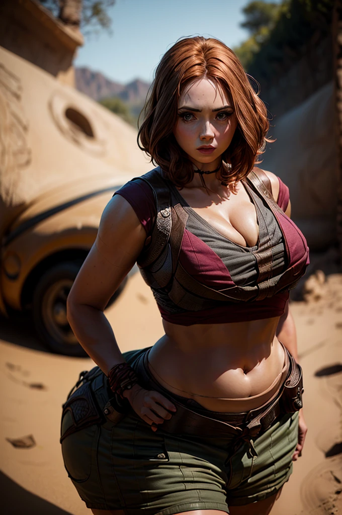 Karen Gillan, masterpiece quality, (masterpiece quality:1.5), high res, realistic, lots of detail, alone, 1girl, (1girl:1.9), solo, (solo:1.9), in a jungle, ancient ruins in background,She is standing with her back facing back showing off her beautiful big sexy ass  wearing red blouse, midriff, (midriff:1.5),focus Very short mini shorts showing off her sexy voluptuous curves,Micro shorts small and tight tight short your big ass doesn't fit in these denim shorts  wearing khaki cargo shorts Focus, big ass curvilínea, short hair, thin body, small breasts, (big breasts:1.5), (big ass:1,80) sexy ( Sexy fit thick thighs and)lots of cleavage, (cleavage:1.5), 