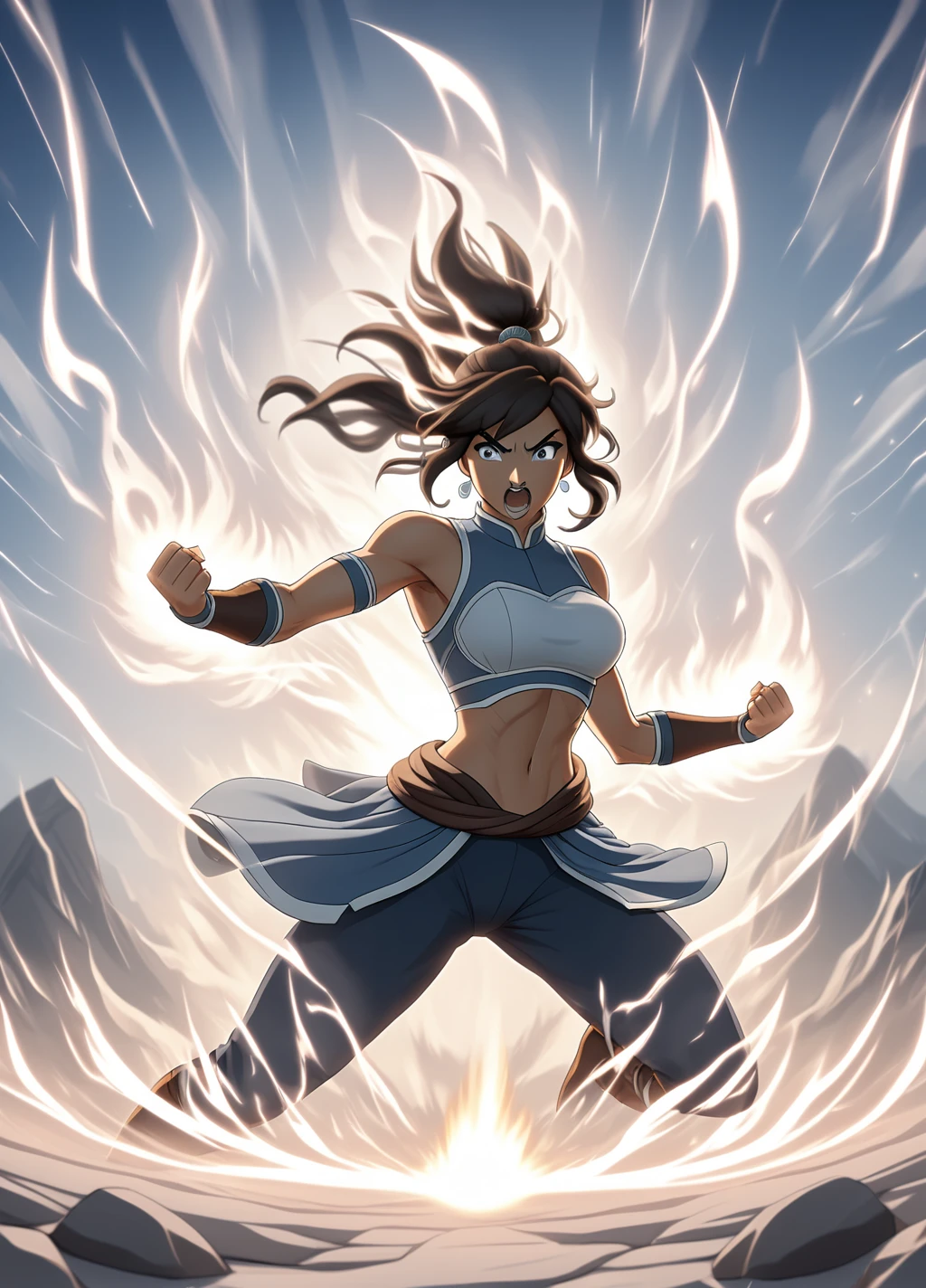 Powering Up, wide view of Beautiful Gorgeous furious Korra powering up, roaring, transparent white flaming cloud aura surrounds