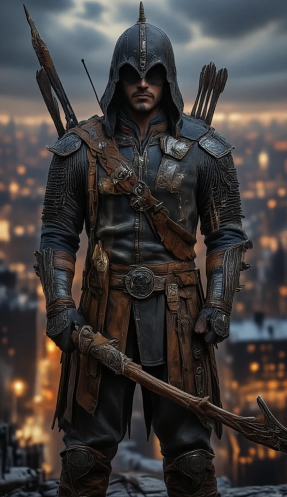 A full-body image of a muscular adult male.black leather full-body image 、and hood, a hooded person in invisible armor . wears leather armor, Tights.epic ninja suit, rogue.Leather fit to cover the whole body. smooth leather .Boy Teenage Assassin , stealth suit , cyberpunk assassin , stand on the roof of a skyscraper. . black night . Dark atmosphere .Low light.Weak lights cast dramatic shadows. Weird cyberpunk atmosphere . cyberpunk city. .whole body image.Handheld composite mechanical giant bow.full body photo.