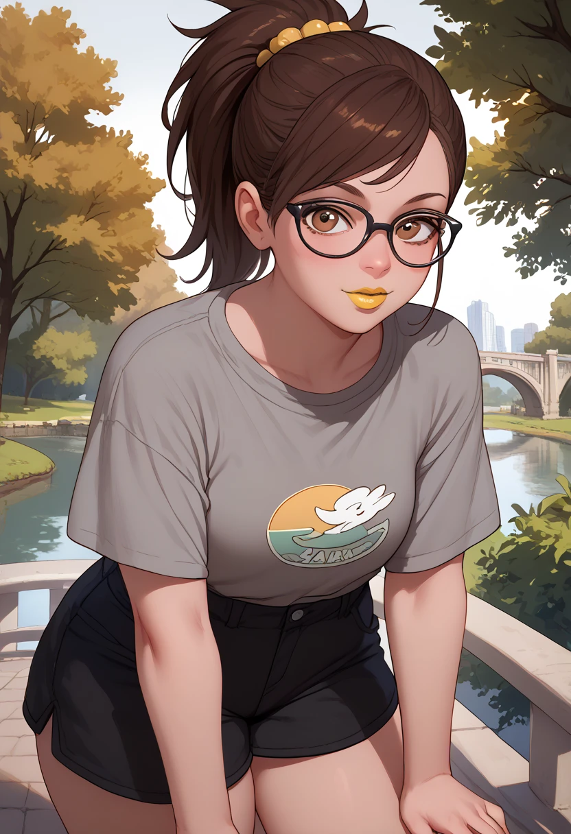 woman, dark brown hair, brown eyes, white skin, oversized gray shirt, black shorts, yellow lipstick, ponytail, looking at the viewer, anime style, on top of a bridge over the river, park in the background, standing, glasses, completely gray blouse