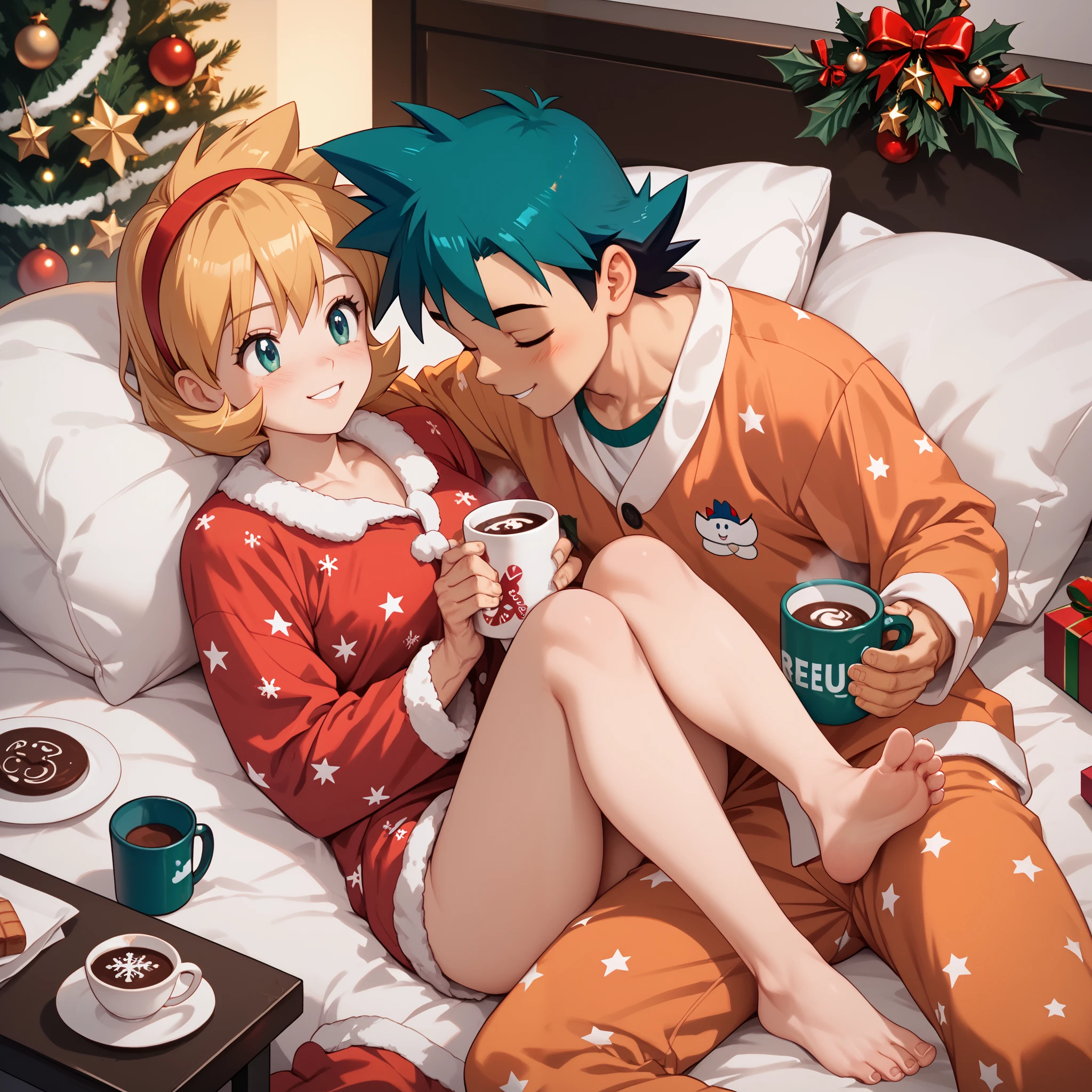 highly detailed, (couple), hetero, (duo focus), highres, 1man, 1woman, BREAK, 1man, ash ketchum, aged up, handsome boy, good looking boy, wearing Christmas pajamas, BREAK, 1woman, misty_g2, barefoot, five toes, wearing Christmas pajamas, cuddling, cup of hot chocolate, 