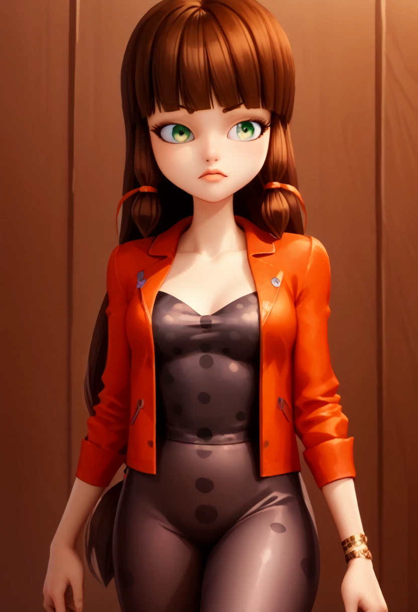 1girl, adult, long hair, low-tied long hair, green eyes, blunt bangs, brown hair, red jacket, polka dot dress, dress, pantyhose, bracelet, hair tubes, wide hips, school room, sexy body, medium breasts, looking at viwer, front view 
