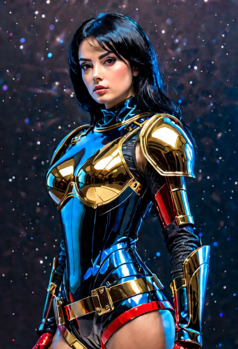 Best Quality, acrylic illustration art, Beautiful space Woman,Suspicious expression face, black straight hair, looking in side view at Viewer, plastic shiny glossy unfolded red gold armor, glossy gloves, adjusting a militar belt with hands, dramatic blue lights, white neutral empty background
