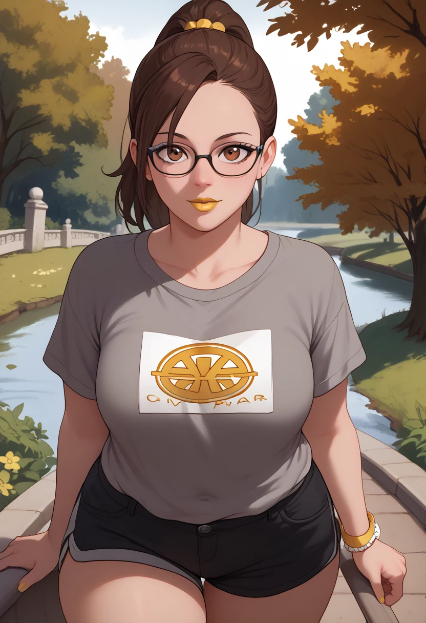 woman, dark brown hair, brown eyes, white skin, oversized gray shirt, black shorts, yellow lipstick, ponytail, looking at viewer, anime style, on top of a bridge over the river, park in the background, standing, glasses, completely gray blouse, full body