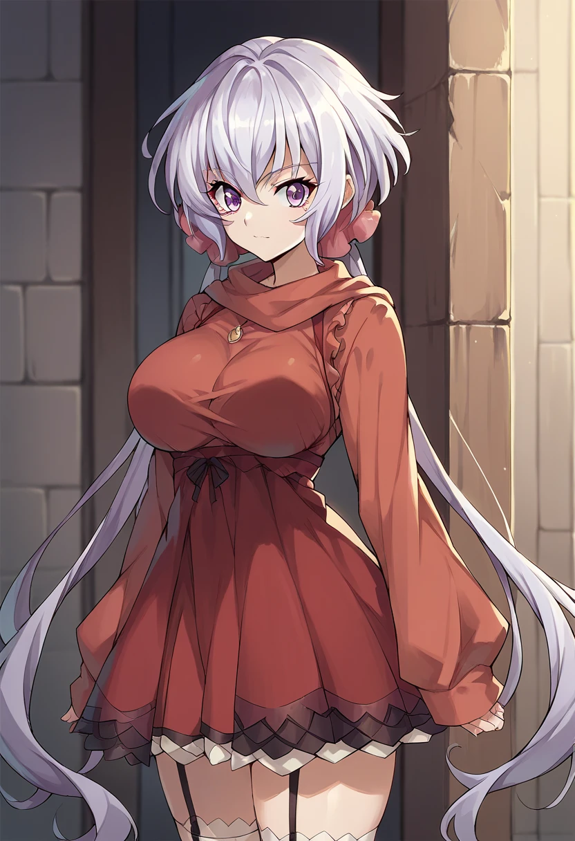 Chris_Yukine
Long hair, white hair, twintails, purple eyes, long breasts,
Red dress, thighhigh, sleeves,