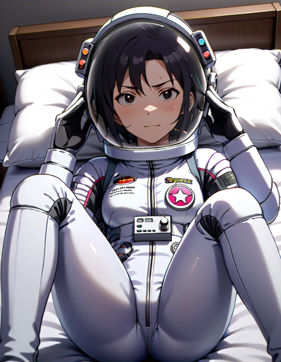 (spacesuit:1.15), white cargo pants, astronaut)bubble helmet, space helmet, white gloves, masturbating, sweat, blushing, , looking at the audience, lying, spread legs , indoors, in bed, bed, masterpiece, best quality, 1girl, beautiful, solo, , kkcmkt, short hair, black hair, antenna hair, hair between eyes, black eyes, medium breasts, smile, serious face, saluting, fullbody