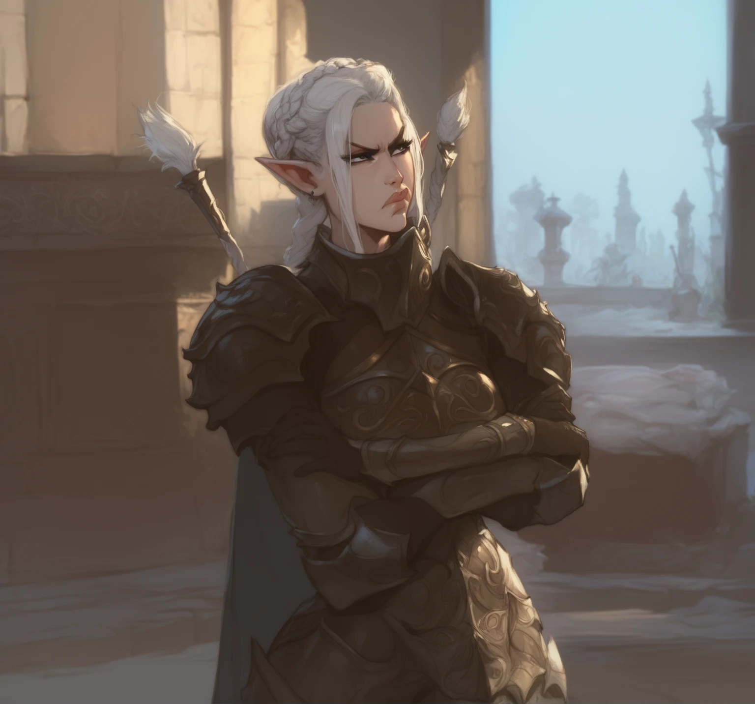 A female elf with white hair, braided behind her. Wearing light clothing armor, arms crossed, grumpy expression. Dnd artstyle, digital art, 8k resolution, stunning