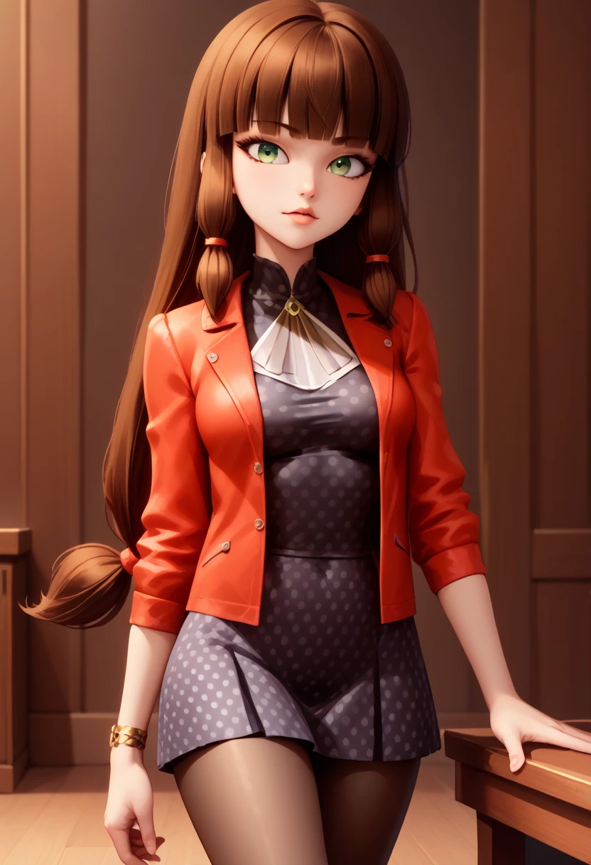 1girl, adult, long hair, low-tied long hair, green eyes, blunt bangs, brown hair, red jacket, polka dot dress, dress, pantyhose, bracelet, hair tubes, wide hips, school room, sexy body, medium breasts, looking at viwer, front view 
