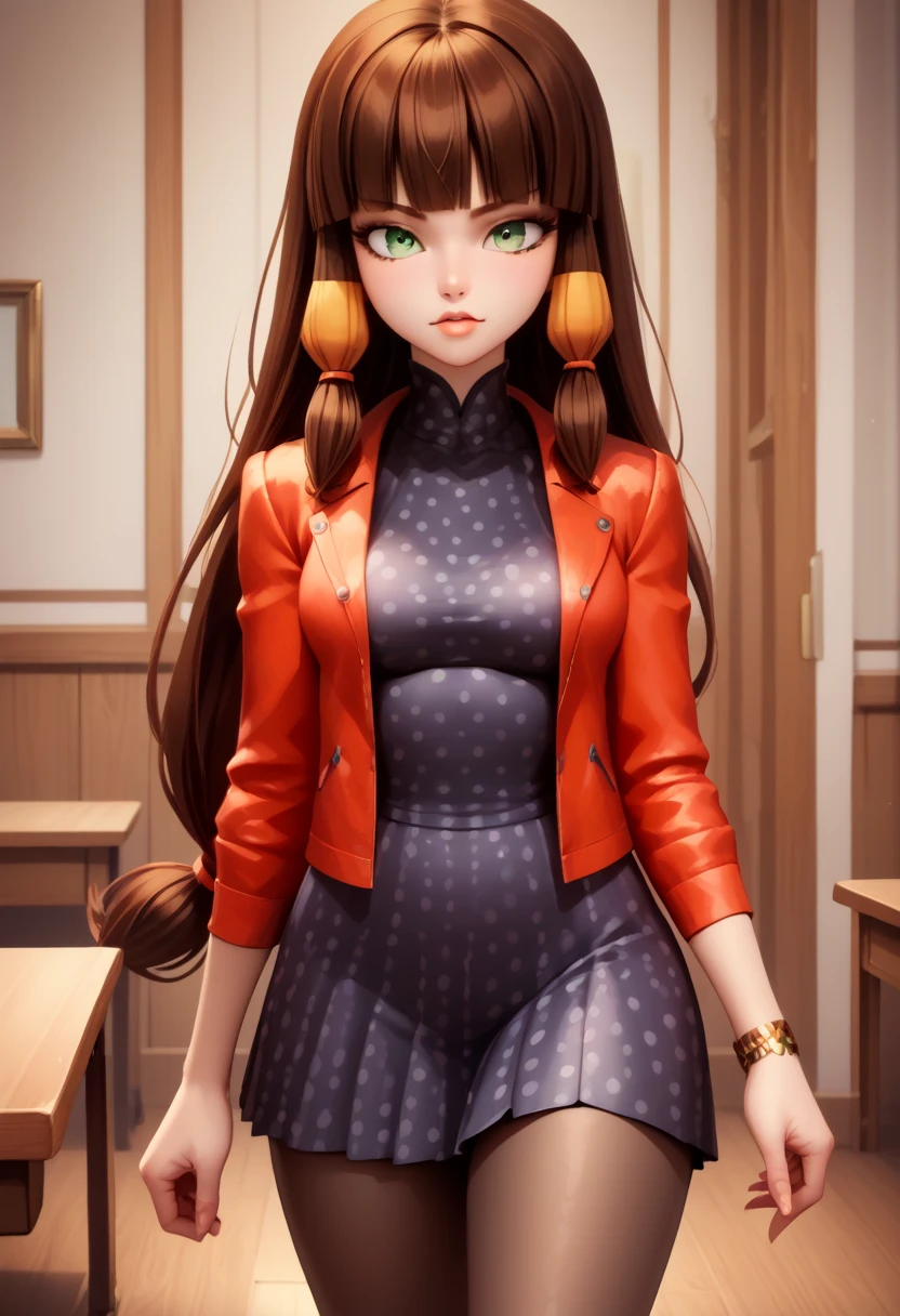 1girl, adult, long hair, low-tied long hair, green eyes, blunt bangs, brown hair, red jacket, polka dot dress, dress, pantyhose, bracelet, hair tubes, wide hips, school room, sexy body, medium breasts, looking at viwer, front view 
