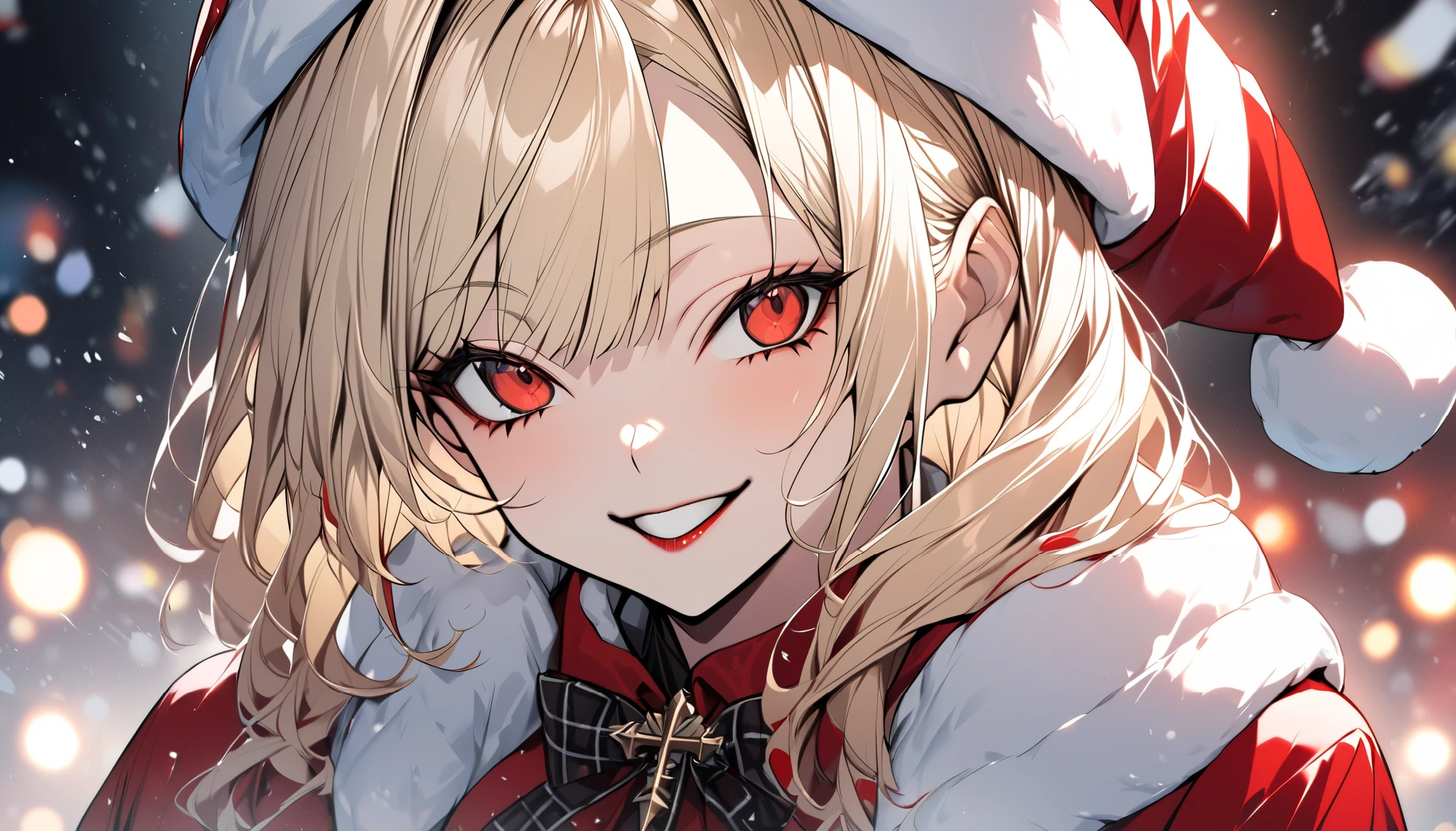 1girl in、A smile、Christmas、Dressed in Santa Claus costume、Red Eye、 black and blonde mesh color hair、snow、Hanging eyes、Cross-eyed、 ahe face、 Gothic Punk 、pattsun maegami、Cross-eyed、 adult woman、I'll brush my hair up、Best Style、