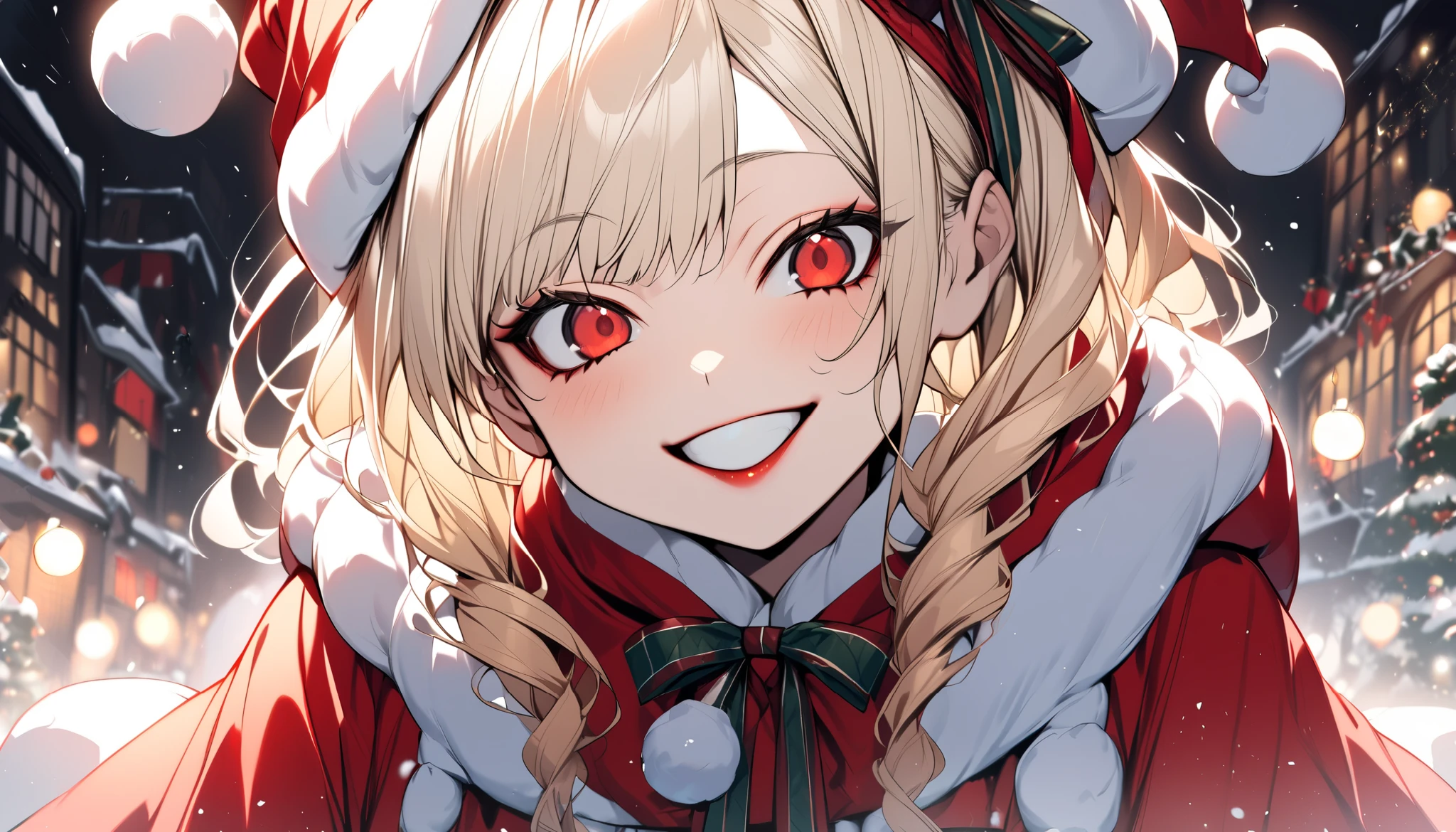 1girl in、A smile、Christmas、Dressed in Santa Claus costume、Red Eye、 black and blonde mesh color hair、snow、Hanging eyes、Cross-eyed、 ahe face、 Gothic Punk 、pattsun maegami、Cross-eyed、 adult woman、I'll brush my hair up、Best Style、