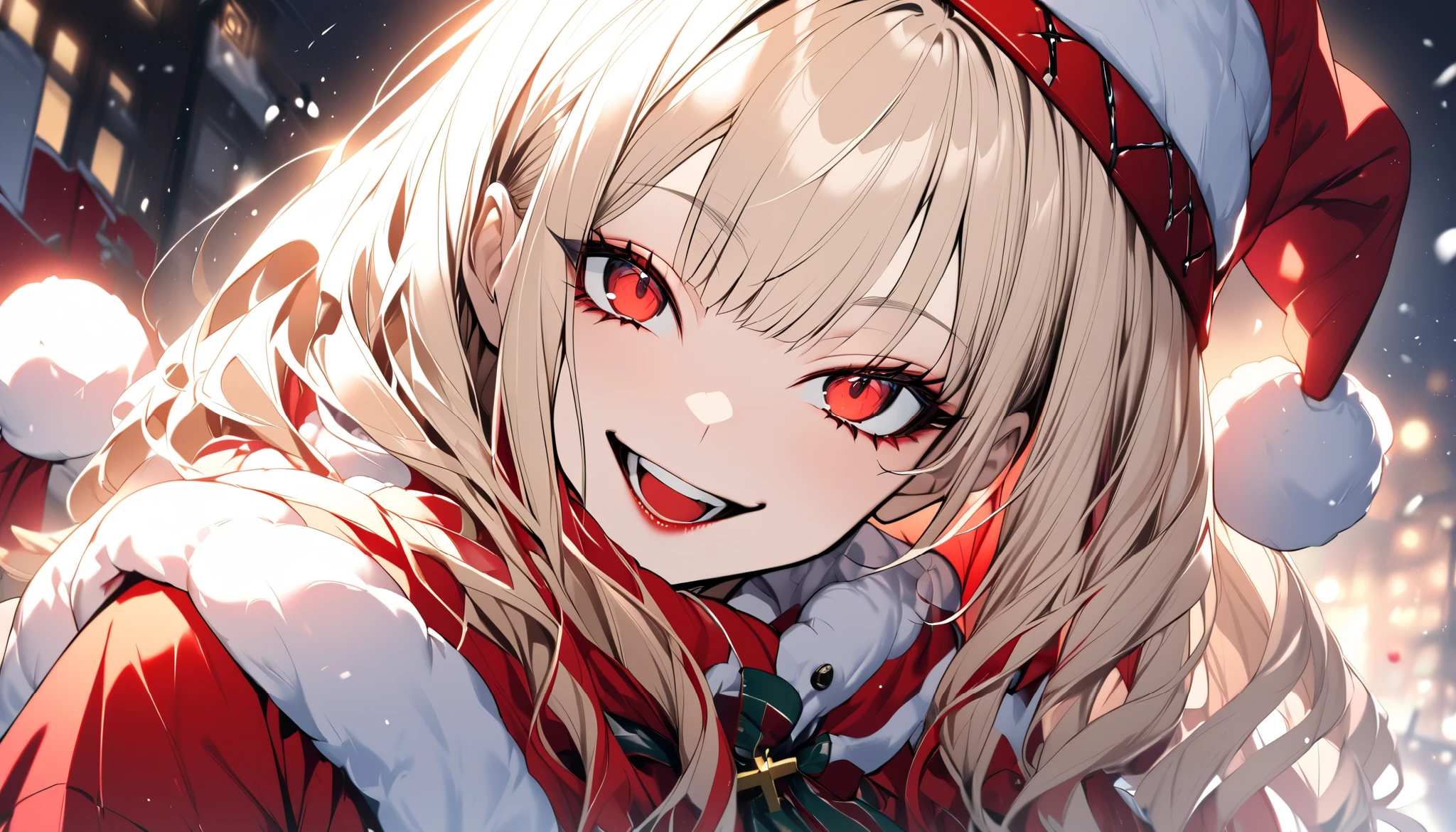 1girl in、A smile、Christmas、Dressed in Santa Claus costume、Red Eye、 black and blonde mesh color hair、snow、Hanging eyes、Cross-eyed、 ahe face、 Gothic Punk 、pattsun maegami、Cross-eyed、 adult woman、I'll brush my hair up、Best Style、