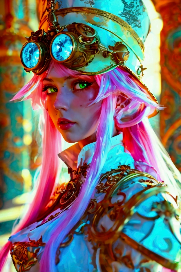 Imagine a beautiful woman with long straight neon pink hair with white skin with neon green eyes with a sculptural body wearing light red and white steampunk armor with ornaments wearing a Victorian top hat with brass bronze glasses on her head energizing blue sparks in her hands in an arcane temple.