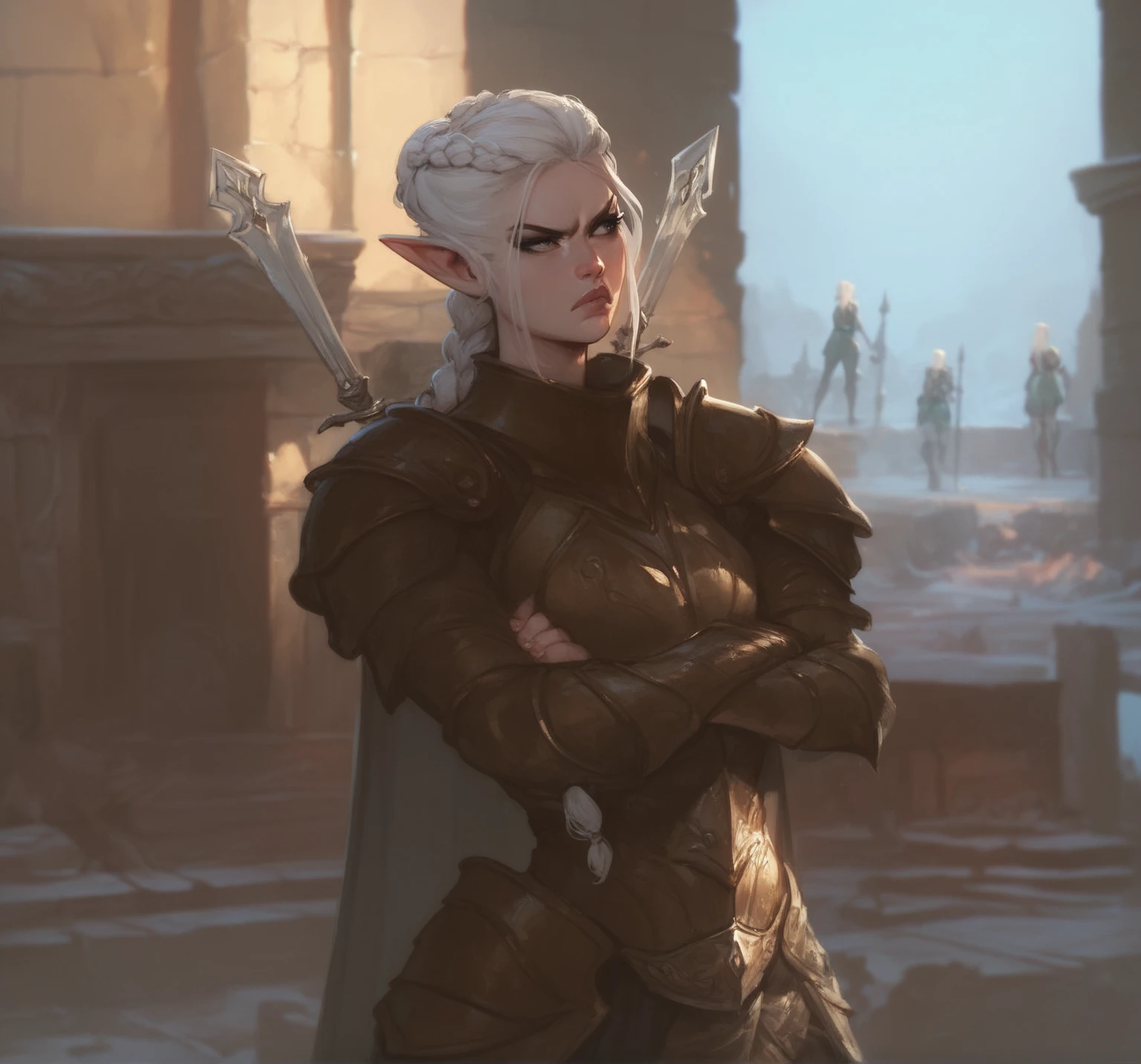 A female elf with white hair, braided behind her. Wearing light clothing armor, arms crossed, annoyed playful expression. Dnd artstyle, digital art, 8k resolution, stunning