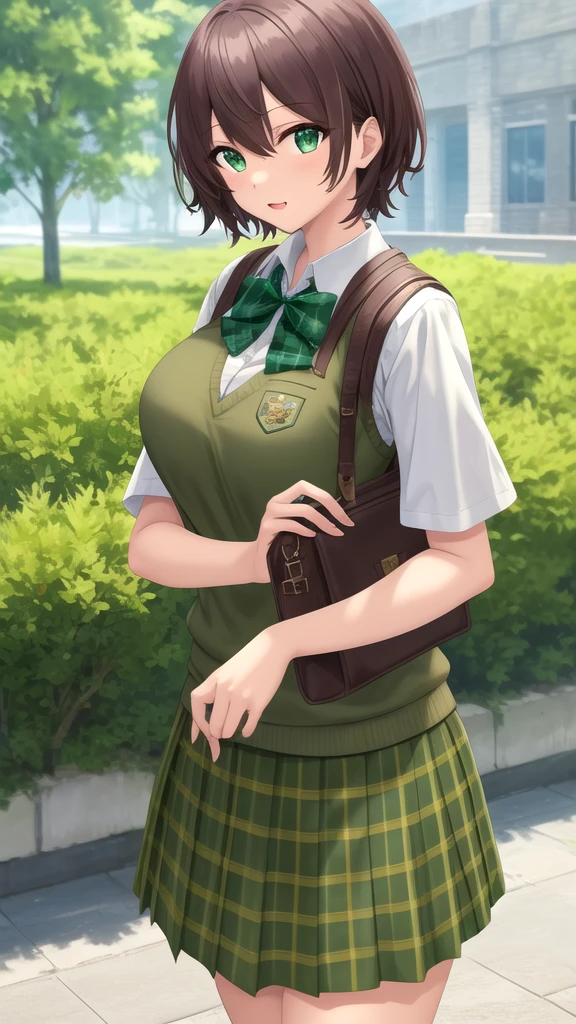 masterpiece, best quality, girl, solo, looking at viewer, noir_stalgia, large breasts, school uniform, green bowtie, white shirt, short sleeves, sweater vest, yellow vest, plaid skirt, green skirt, standing, cowboy shot, outdoors