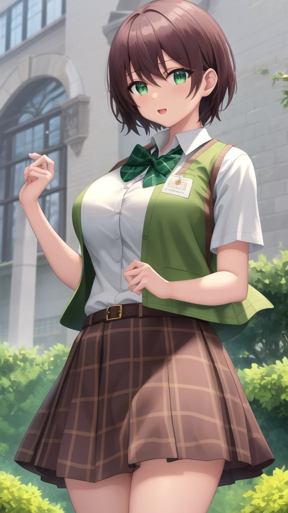 masterpiece, best quality, girl, solo, looking at viewer, noir_stalgia, large breasts, school uniform, green bowtie, white shirt, short sleeves, sweater vest, yellow vest, plaid skirt, green skirt, standing, cowboy shot, outdoors