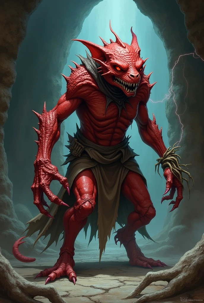 Blitzo, standing alone in a dimly lit, eerie room with cracked walls, is poised in a crouched stance, ready to spring into action. His long, narrow head tilts slightly to the side, his large, curved black and white striped horns casting a menacing shadow on the wall behind him. His red irises gleam with mischief and intensity, the heart-shaped skull symbol on his forehead adding a sinister charm to his expression.
The white burn marks on his red skin are vividly visible, particularly on his forearms, chest, and the right side of his face, contrasting sharply with his harlequin-like appearance. His black spines protrude from his head and upper back, as well as from his tail, which ends in a triangular point marked by a black spot.
Blitzo's outfit is as ragged and chaotic as his personality. He wears a tattered slate gray collared coat with red buttons down the breast, flaring slightly as he moves. His black knee-high boots, perfectly shaped to his pointed feet with boot-like heels, clatter softly on the floor as he shifts his weight. His elbow-length black fingerless gloves, adorned with large, rounded yellow decorations on the upper side, are worn and frayed, yet they still manage to catch the dim light, particularly the left glove which is infused with his Asmodean Crystal. Around his neck, a red skull charm dangles, swinging slightly as he shifts.
His tail, marked with two black stripes near the end, sways slowly behind him, the black spines along its length bristling as if in anticipation. His red gums are just visible as he grins, revealing a sharp-toothed smile filled with both amusement and menace.
Blitzo's expression is a mix of confident defiance and playful danger, his eyes gleaming with a mix of cunning and unpredictability. He’s ready for anything, alone but far from vulnerable, every inch of his appearance radiating the chaotic energy that defines him. Make it anime style