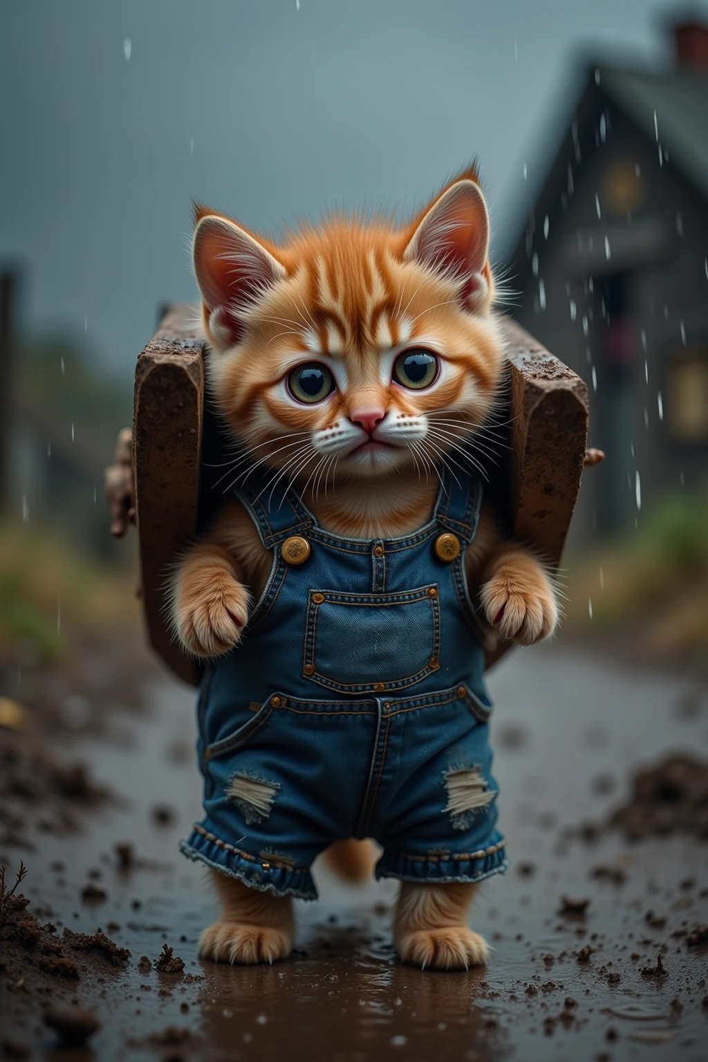 a very sad kitten wearing a dirty blue denim overall is
struggling under the rain. the kitten’s fur is soaked, and its
large, sorrowful eyes reflect exhaustion. it is carrying wooden
planks on its tiny back, trudging through a muddy, rainy
environment. the sky is dark and overcast, with raindrops
splashing against the wooden boards and the kitten’s wet fur.
the overall is torn and covered in mud, emphasizing the
kitten’s hard work in difficult conditions, creating a touching
and melancholic scene.