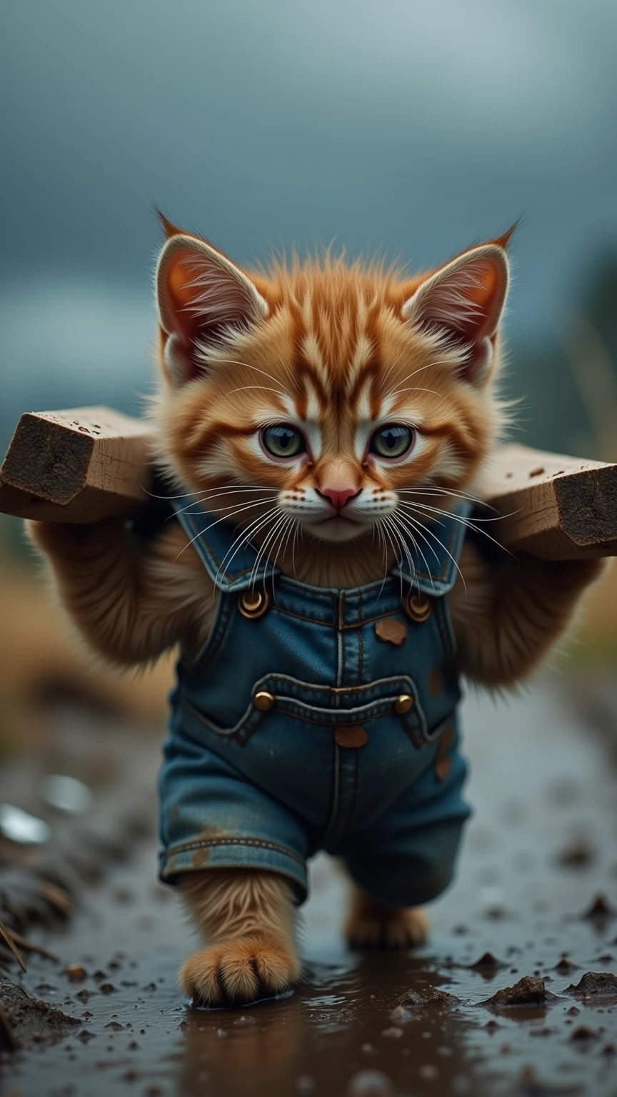 a very sad kitten wearing a dirty blue denim overall is
struggling under the rain. the kitten’s fur is soaked, and its
large, sorrowful eyes reflect exhaustion. it is carrying wooden
planks on its tiny back, trudging through a muddy, rainy
environment. the sky is dark and overcast, with raindrops
splashing against the wooden boards and the kitten’s wet fur.
the overall is torn and covered in mud, emphasizing the
kitten’s hard work in difficult conditions, creating a touching
and melancholic scene.