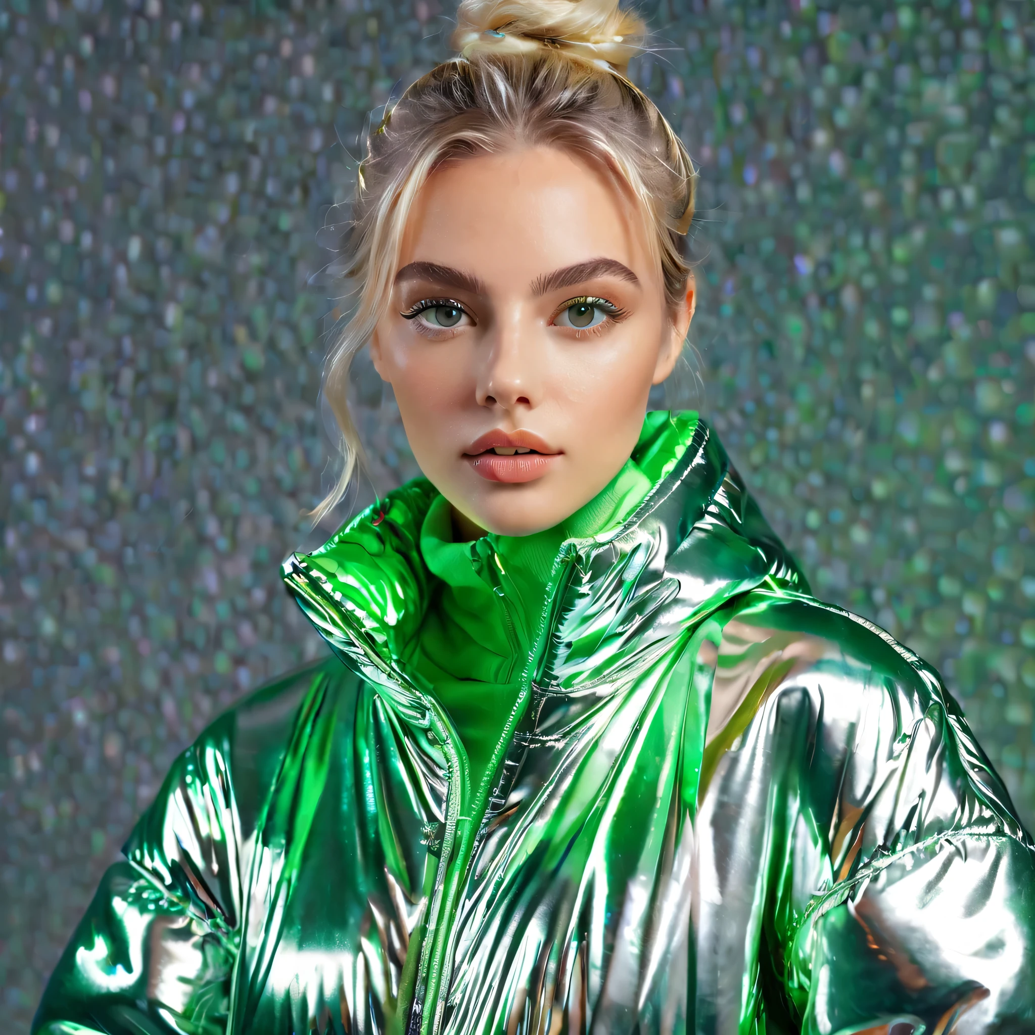 An ultra-realistic and highly conceptual portrait of a stylish AI influencer. She has fair skin, light blonde hair styled in two buns with loose strands framing her face (inspired by the reference style), and vibrant green eyes that captivate the viewer. She is wearing a metallic silver puffer jacket with a modern and fashionable design, reflecting a chic and futuristic aesthetic. The background is minimalistic with soft, diffused lighting that highlights her features, focusing entirely on her face and upper body. Her makeup is flawless, enhancing her green eyes and lips with a natural yet glamorous look. The composition is perfect for an Instagram profile picture, exuding confidence, style, and digital sophistication, ideal for attracting and engaging followers.