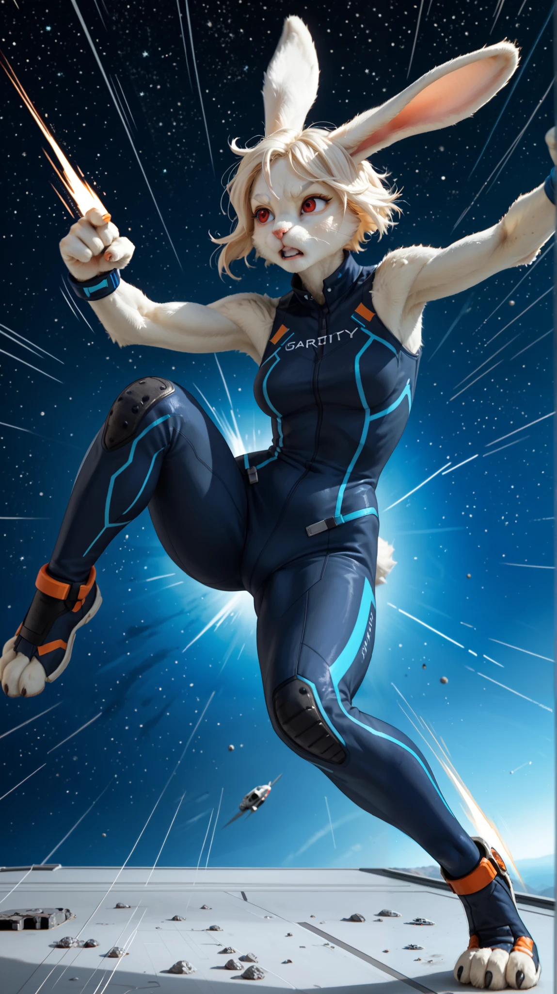 (zPDXL2), (PonyXLV6_Scores), rating_safety, Expressiveh, full body shot, BREAK
lhata4564, d3t41l3d, 
1girl,furry anthro rabbit, wearing sleeveless one-piece bodysuit, living on Space orbital station, ((zero gravity, fighting, high speed, motion lines, motion, action pose)) 