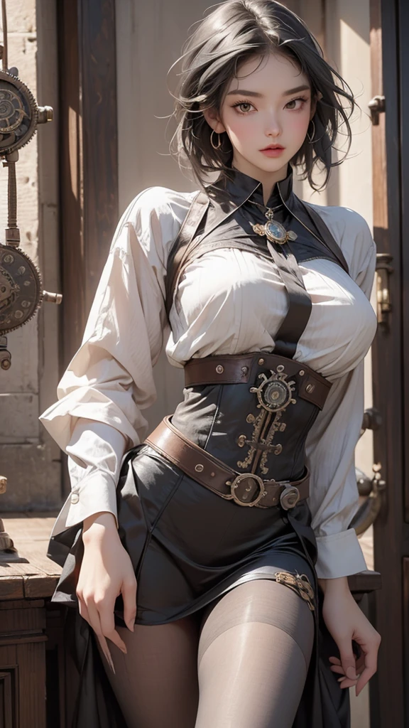 (((steampunk))),Ultra-realistic 8K CG, picture-perfectionな顔, perfection, clean, masterpiece, Professional artwork, Famous works of art, perfectionな顔, Beautiful Face, beautiful eye, ((perfectionな女性の体)),Large Breasts, alone,, ,skirt,,blush,Seductive look,Very detailed_eye,Thick thighs,((Gray Hair)), short hair,, Beautifully detailed backgrounds,Depth of written boundary,,BDSM,Skin dents,whole body,shirt,, pantyhose,