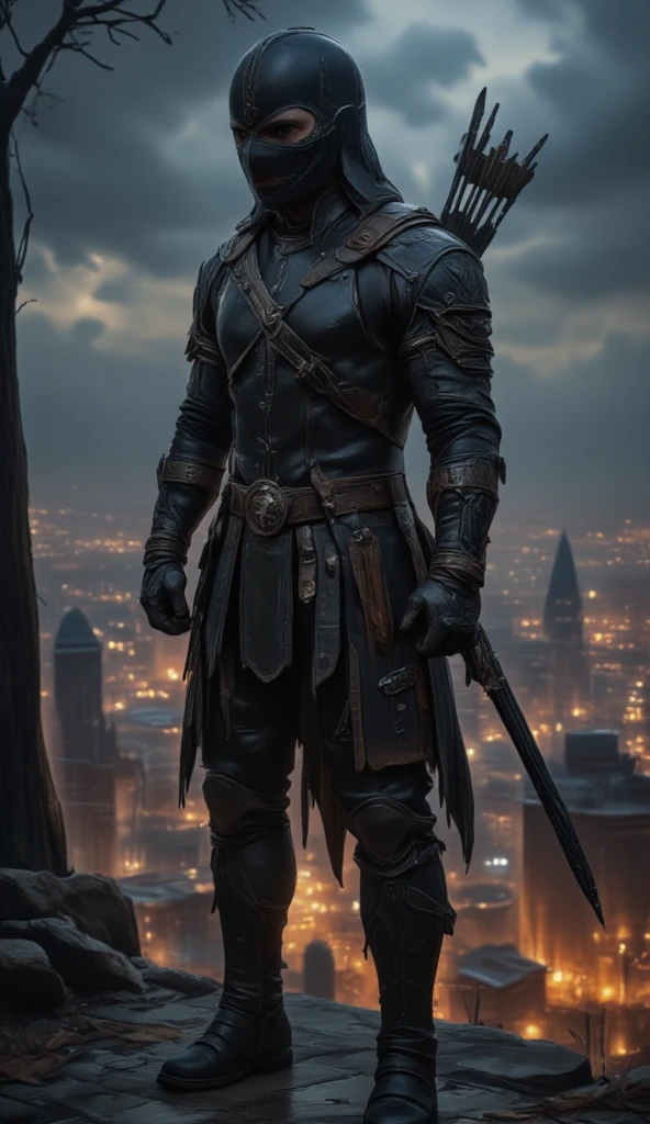 A full-body image of a muscular adult male.black leather full-body image 、face mask and hood, a hooded person in invisible armor . wears leather armor, Tights.epic ninja suit, rogue.Leather fit to cover the whole body. smooth leather .Boy Teenage Assassin , stealth suit , cyberpunk assassin , stand on the roof of a skyscraper. . black night . Dark atmosphere .Low light.Weak lights cast dramatic shadows. Weird cyberpunk atmosphere . cyberpunk city. .whole body image.Handheld composite mechanical giant bow.full body photo.