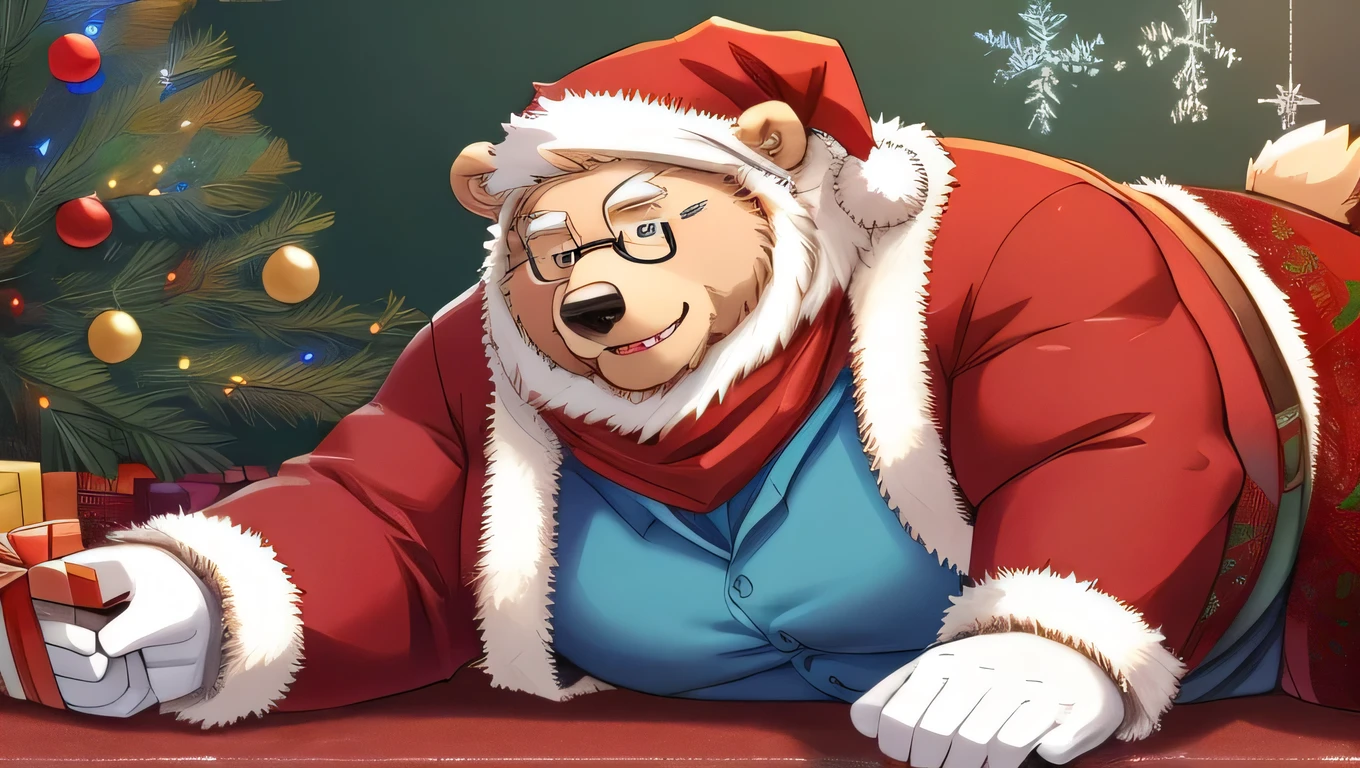 （（ overweight 、Being overweight、））（ bear beast with glasses、male)( teacher 、 blue shirt )( blackboard )( clothes being taken off )、 lying on your side、 Santa Claus 、 Christmas tree、xMasbernie , gloves, thigh boots, long sleeves, santa hat, scarf, fur trim、reindeer costume, hood up
