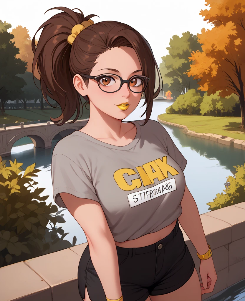 woman, dark brown hair, brown eyes, white skin, oversized gray shirt, black shorts, yellow lipstick, ponytail, looking at viewer, anime style, on top of a bridge over the river, park in the background, standing, glasses, completely gray blouse, full body