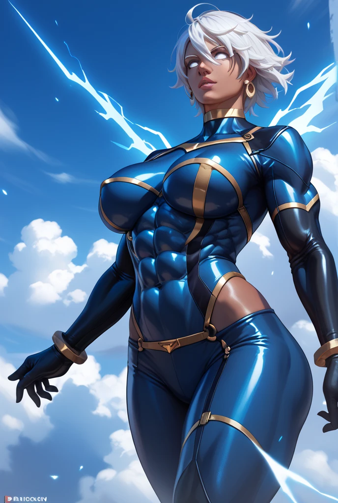 Sexy storm,flying in the clouds,thight suit,massive tits,strong abs,black skin,white hair,white eyes,electric aura