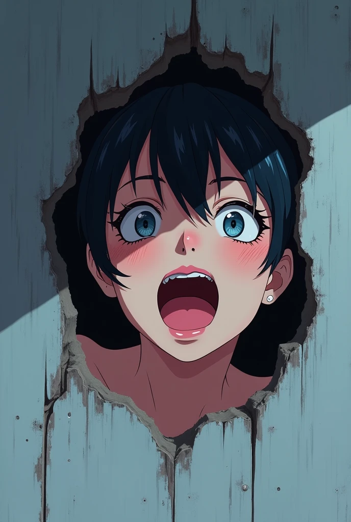 Create in anime style a wall with a hole with a feminine mouth in very sexy Ahegao visible through the wall