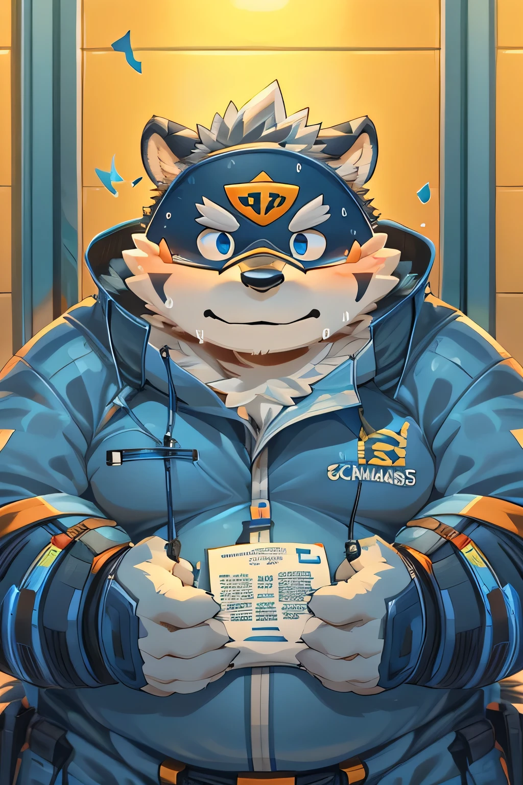 (  by Rusko   :1.3),(by Mok _Nameko:1.2),( darkroom),( by Gamma Chaos :1.2),(by hyduyad14:1.2),(author: Zixiong:1.1),( by Arashi Takemoto  ),(kemono:1.2),Tiger,Fat,( chubby),White eyebrow,  blue eyes ,( gray hair:0.8)sweat,(  Orange Fur  :1.1),Fat face,bondage hero suit、 hero mask