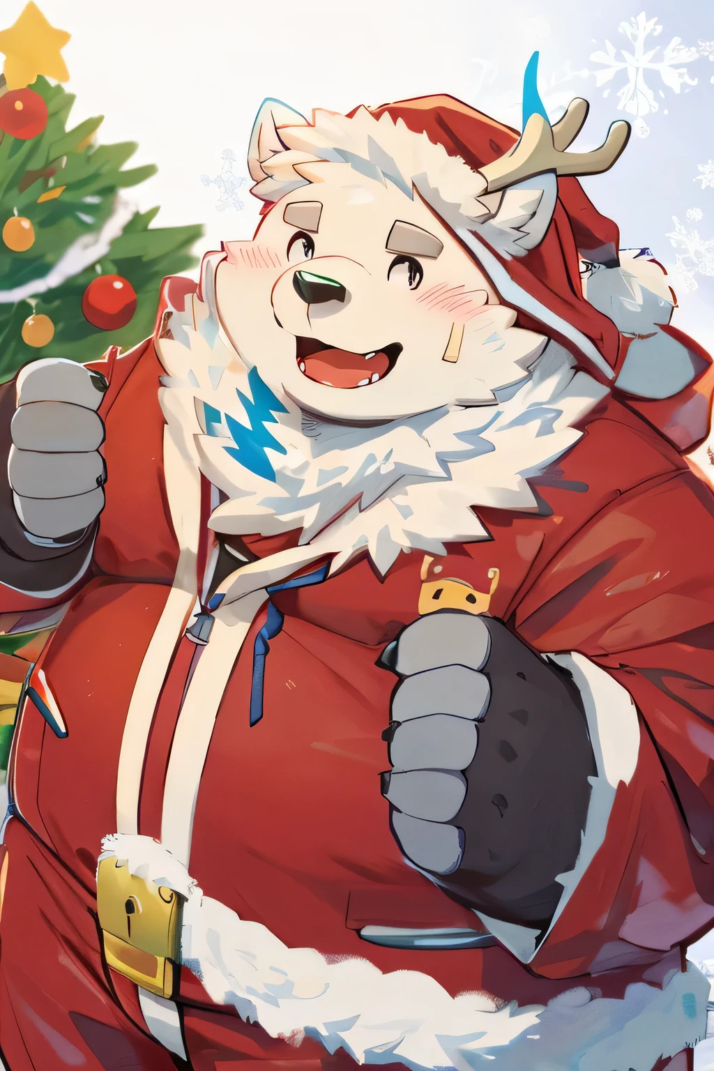 （@96panda _By hk）Gained weight、Being overweight、Dog Beast Man、fur、Fluffy、 cute、（blush、 tired face、）Drooling、saliva、（（naked）））、 shot from a distance、 anime style、two boy、(Yohack)、Playing in the snow、 reindeer costume、 Christmas Tree、xMasbernie , gloves, thigh boots, long sleeves, santa hat, scarf, fur trim、reindeer costume, hood up